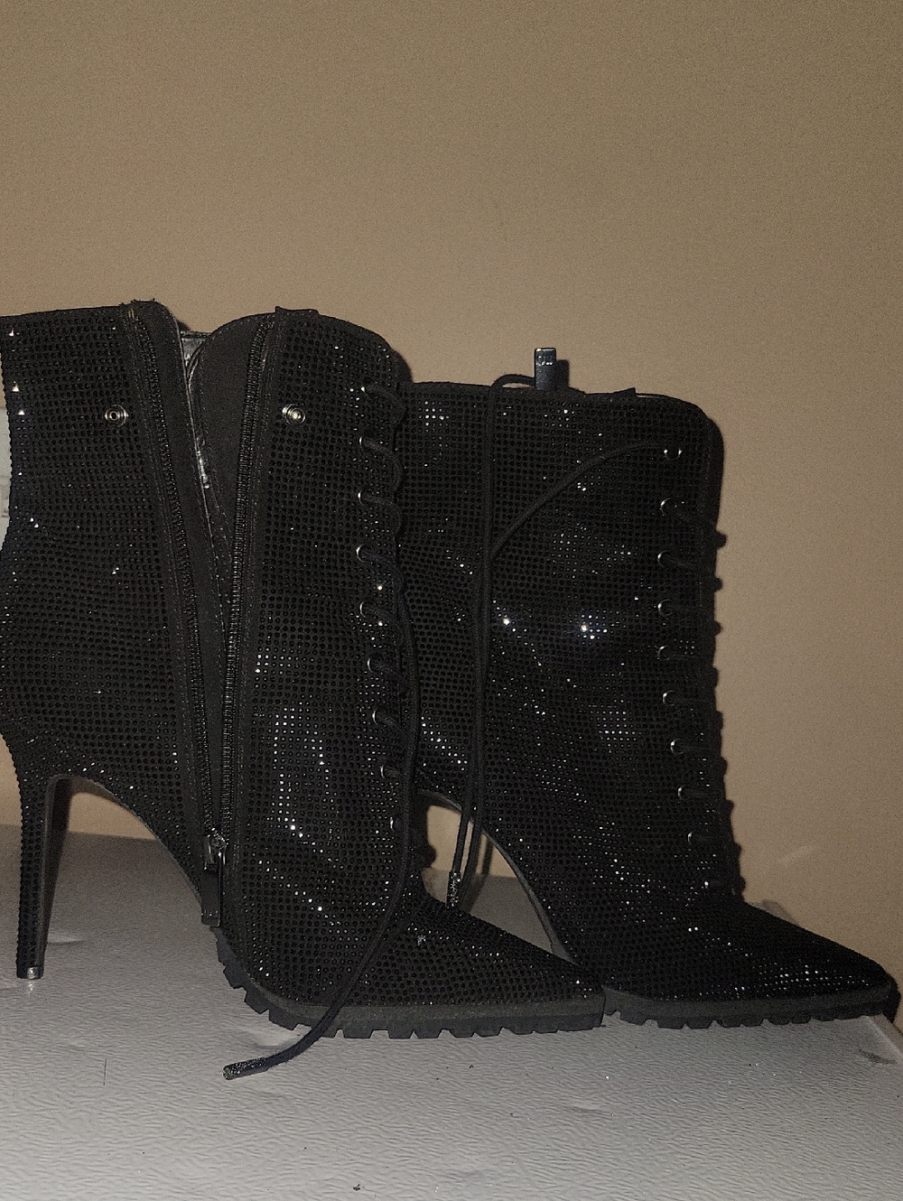 J-LO Black Lace-Up Rhinestone Stiletto Booties SIZE 8.5